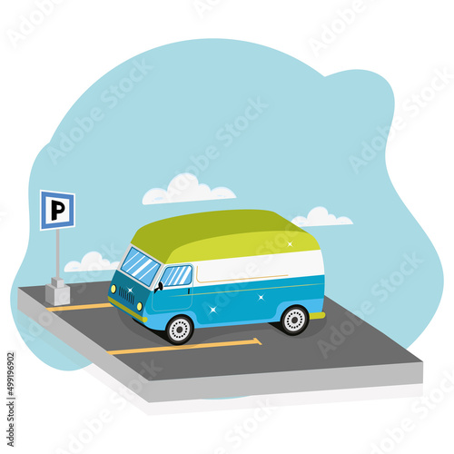 Isolated 3d colored van vehicle on a parking slot Vector © Rosustock