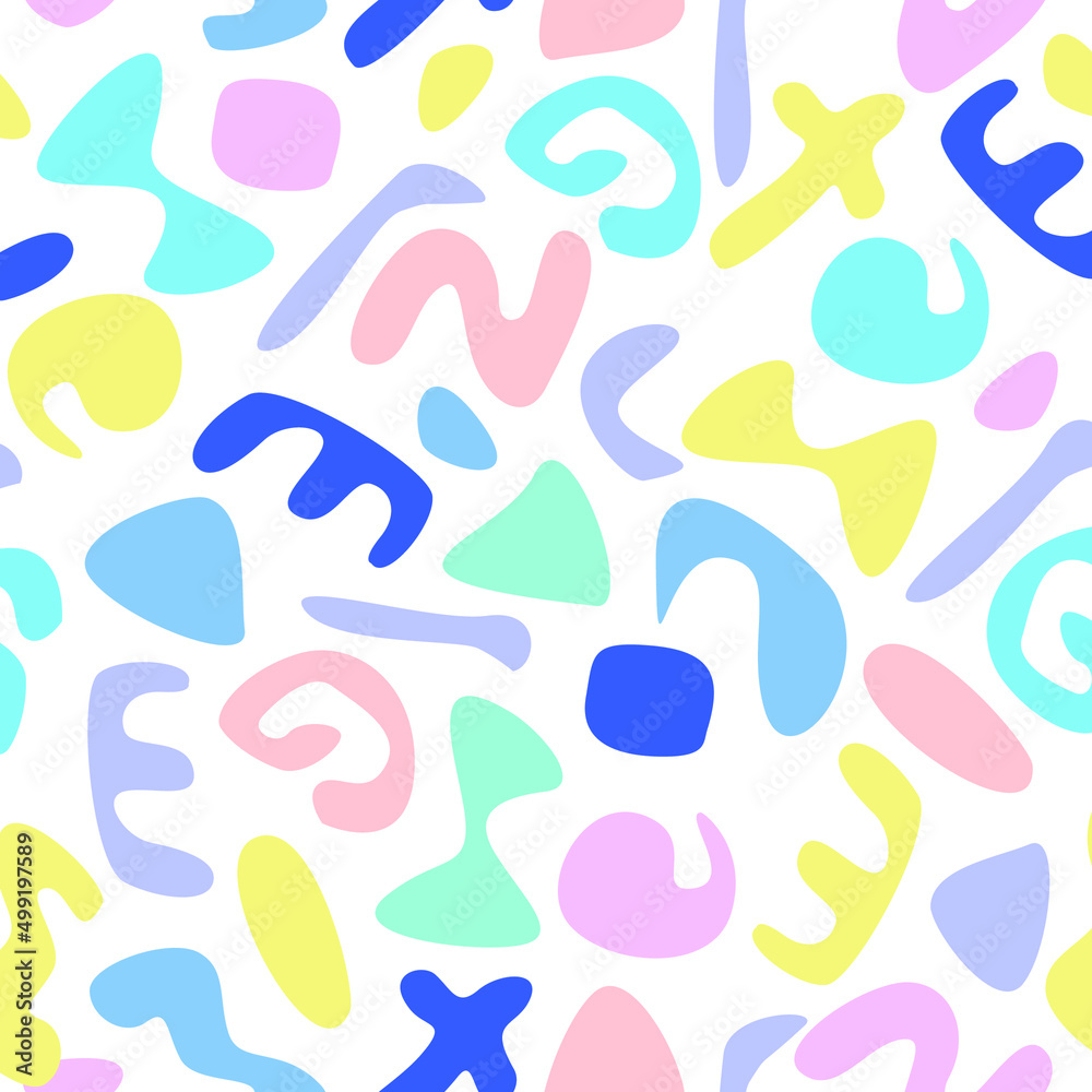 Funny abstract pastel pattern. Light blue and pink colors, background. Ovals, circles, letters, numbers, objects with hand drawn marks, vector repeated texture