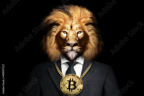 Lion with Golden Bitcoin around his neck  Motivation Business