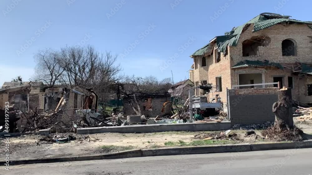 Bucha, kyiv, Ukraine 01.04.2022: Irpin, Bucha, Dmitrivka. Atrocities of the russian army in the suburbs of Kyiv. Irpin. Houses of civilians destroyed by russian tanks. russia's war against Ukraine Bucha, kyiv, Ukraine 01.04.2022: Irpin, Bucha, Dmitrivka. Atrocities of the russian army in the suburbs of Kyiv. Irpin. Houses of civilians destroyed by russian tanks. russia's war against Ukraine