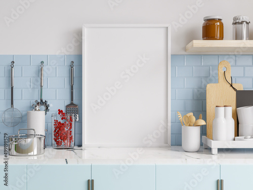 Mock up poster frame in kitchen interior.