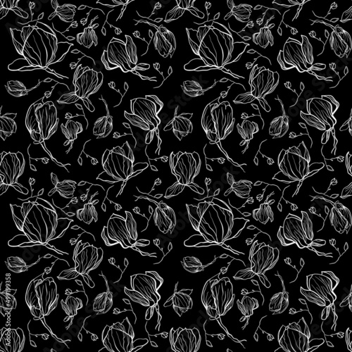 Seamless floral pattern with magnolia flowers on a black background in doodle technique vector illustration 