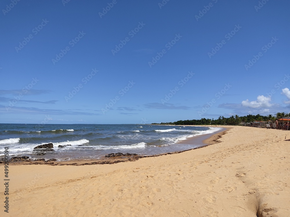 The sea, the beach, sand, blue sky, trees and rocks in the background.