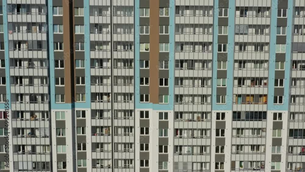 Aerial view of new apartment buildings complex and residential houses neighborhood, 4k