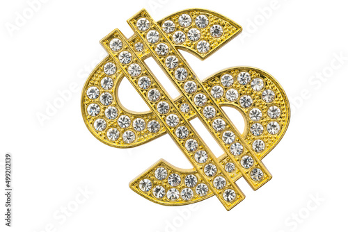 Hip hop culture, expensive bling and displaying success concept with close up on diamond studded dollar sign isolated on white background with clipping path cutout photo