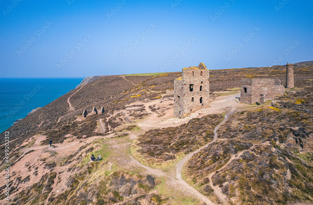 Fototapeta premium Wheal Coates Tin Mine Walk from a drone, St Agnes, Cornwall, England