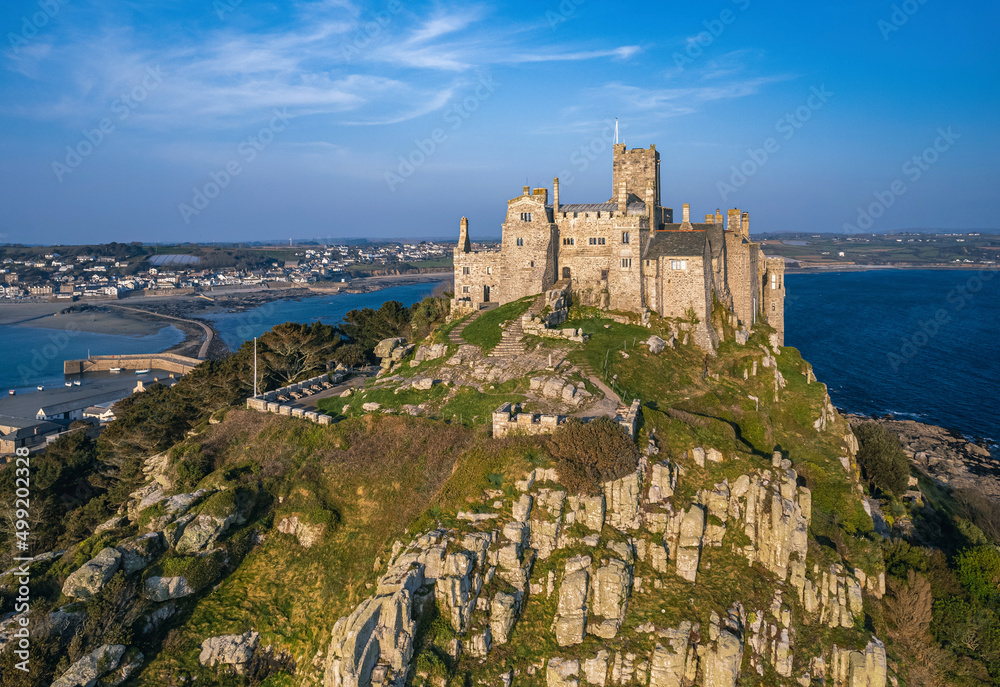 St Michael's Mount from a drone, Marazion, Penzance, Cornwall, England
