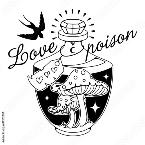 Sacred Silhouette, vintage print. Alchemy bottle with mushrooms and text .bottle with mystic love poison elixir. Print on T-shirts and bags.