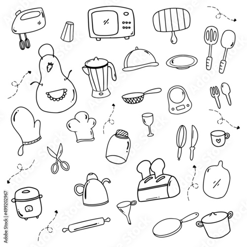 Hand drawn set of cute kitchen utensils with outline style vector illustration