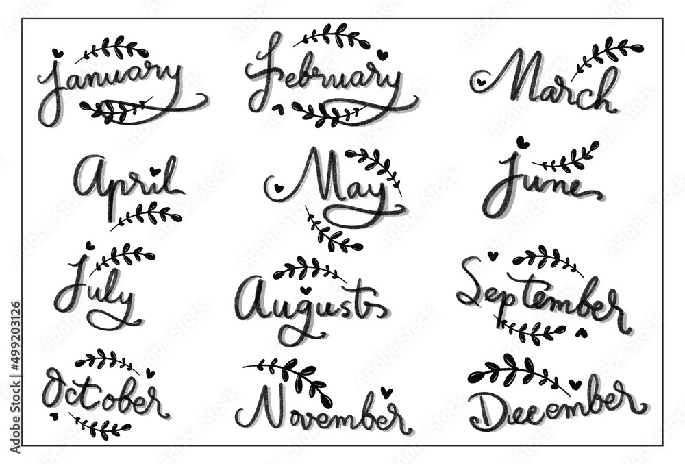 Set of calligraphic handwritten all months of the year with leaf ornaments