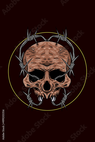 Skull with barbed wire vector illustration