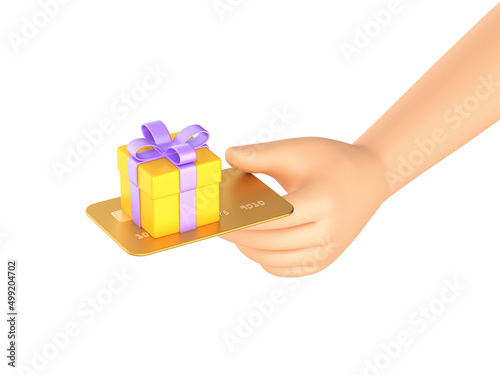 Fototapeta Naklejka Na Ścianę i Meble -  Cartoon hand with a golden bank card holding a yellow gift on a white isolated background. Banking metaphor, revealing the concept of discounts and gifts. 3d render