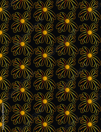 Pattern design vector of golden wire frame flowers on solid black color