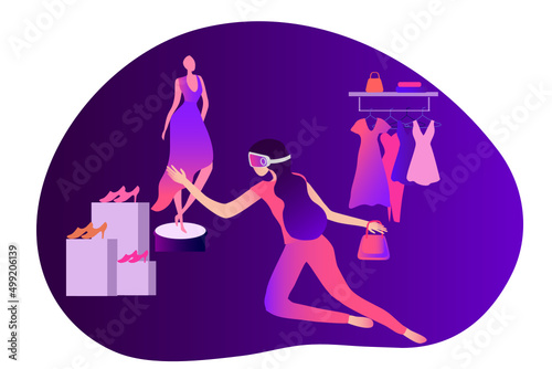 Metaverse Virtual Reality shopping. woman wearing VR goggle having 3d experience in shopping in the metaverse vector illustration 

