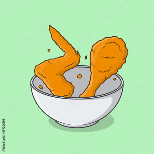 Fried Chicken Crispy In Bowl Cartoon Vector Illustration. Fried Chicken Flat Icon Outline