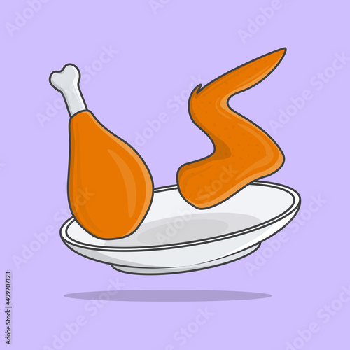 Fried Chicken On A Plate Cartoon Vector Illustration. Fried Chicken Food Flat Icon Outline
