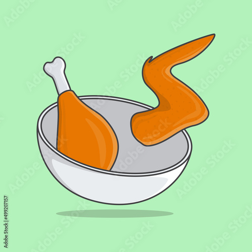 Fried Chicken In White Bowl Cartoon Vector Illustration. Fried Chicken Flat Icon Outline