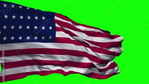 United States flag waving in the wind with highly detailed fabric texture. Seamless loop (green screen)