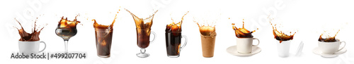 Fotografia Set of cups and glasses with splashing coffee isolated on white