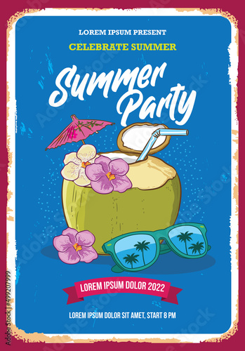 Young Coconut drink with umbrella and funky sun glasses vector illustration design, perfect for poster and tshirt design