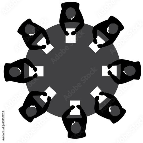 Business meeting top view ,Group of eight people sitting around circle table conference office team .