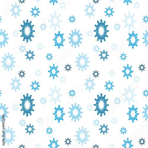 Snowflakes seamless pattern. Winter geometric wallpaper with blue snowflakes on white background. Christmas, New Year, seasonal design