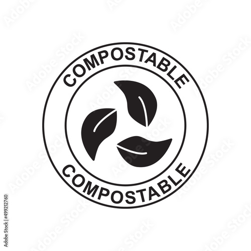 Compostable label icon in black flat glyph, filled style isolated on white background