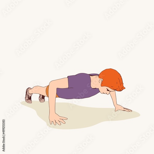 Young male workout. Sport man doing push up exercise. Casual sportwear - t-shirt, breeches and sneakers. Young man wearing workout clothes. Sport fashion boy outline in urban casual style.