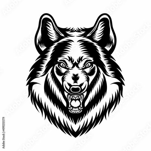 Black and white head wolf roar vector illustration