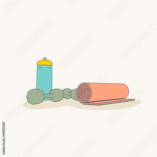 Gym training and home exercising and fitness equipment. Dumbbell, yoga mat and bottle. Tools for healthy lifestyle and wellbeing.