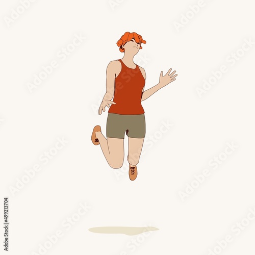Jumping beautiful woman. Sport girl illustration. Young woman wearing workout clothes. Sport fashion girl outline in urban casual style.