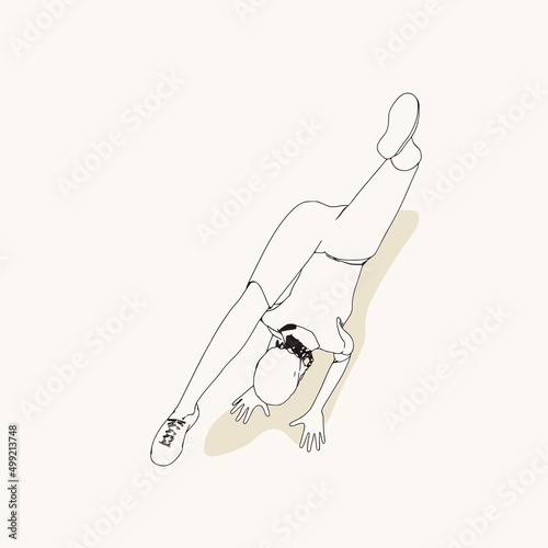 Young female workout. Sport girl doing stretching exercise. Casual sportwear - t-shirt, breeches and sneakers. Young woman wearing workout clothes. Sport fashion girl outline in urban casual style.