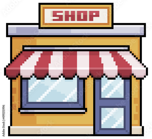 Pixel art shop store front with awning vector build for 8bit game on white background