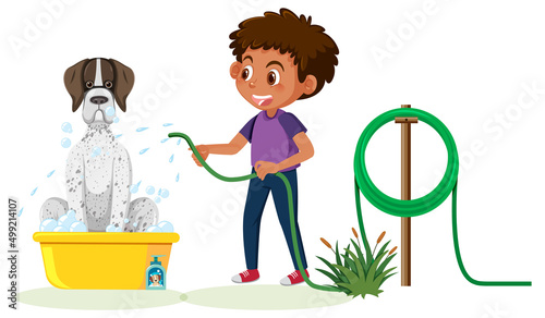 Cartoon boy washing her dog