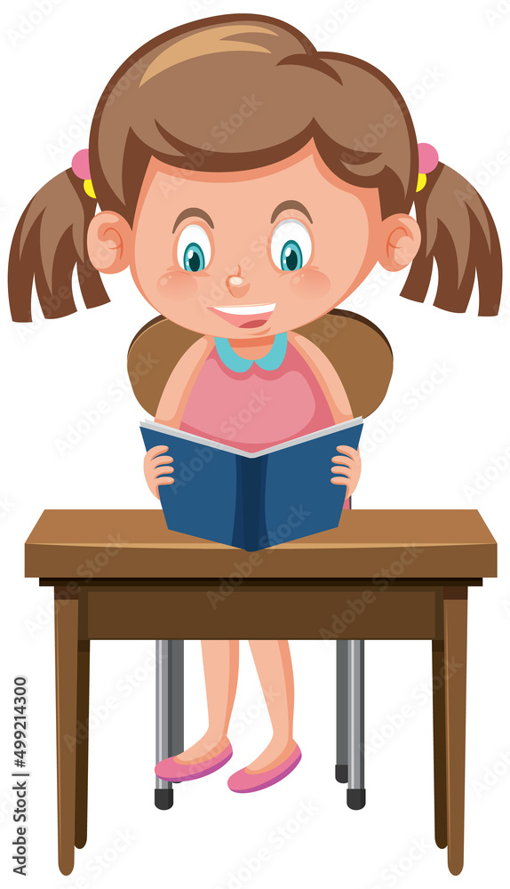 Girl reading book on school desk