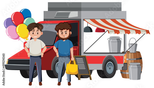 People standing by milk truck