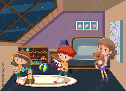 Living room scene with children cartoon character