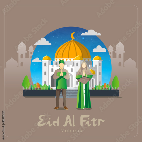 eid al fitr greetings card with muslim couple in front of mosque
