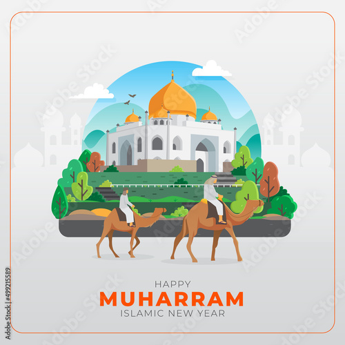 Happy Muharram islamic new year greetings card with people riding camel in front of mosque