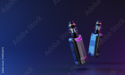 Vaping device e-cigarette Banner on blue and pink light background.