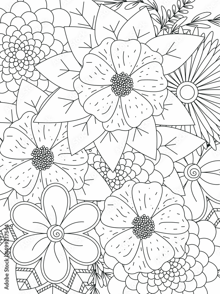 Doodle floral pattern in black and white. Page for coloring book: very interesting and relaxing job for children and adults. Zentangle drawing. Flower carpet in magic garden