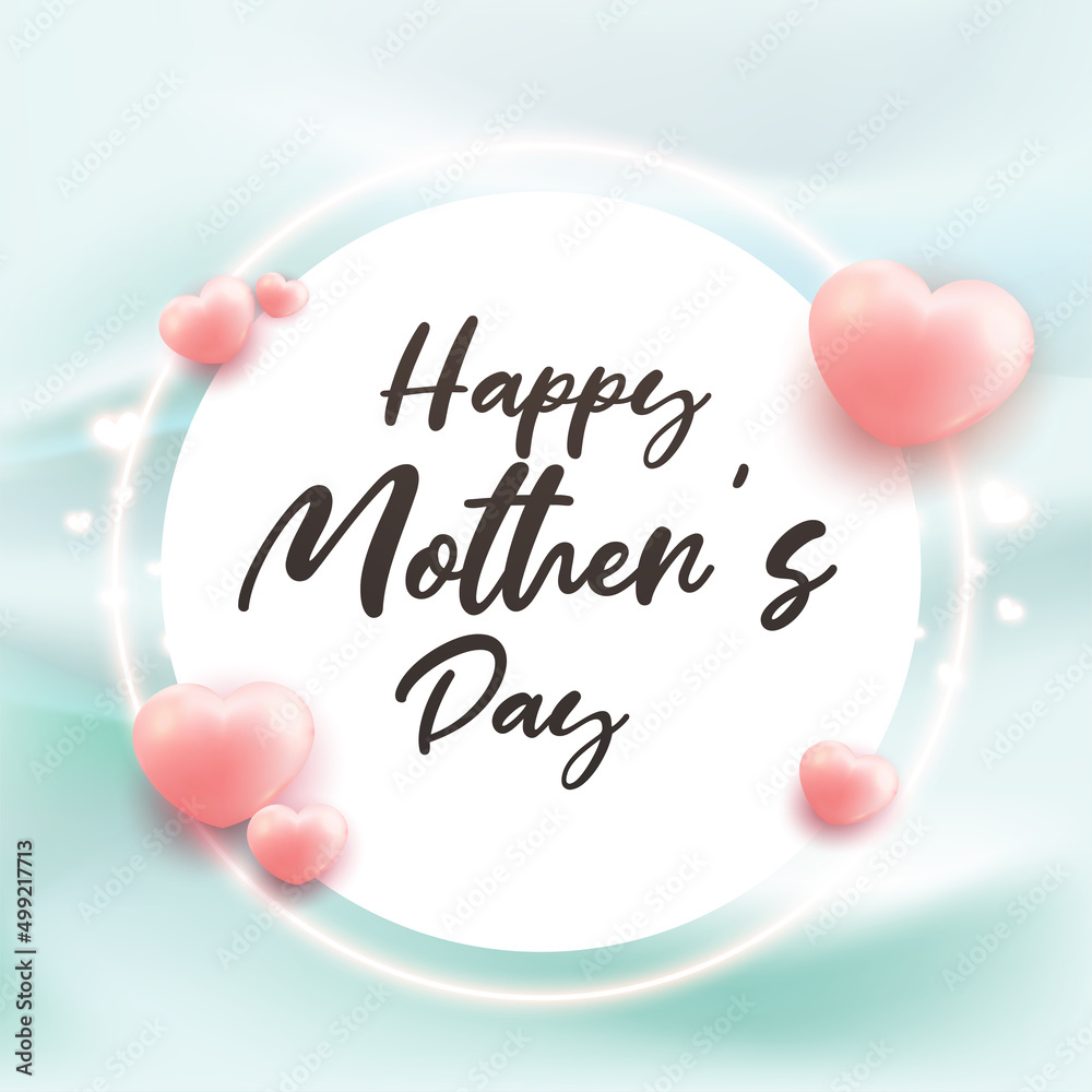happy mother's day greeting card template heart shape 3d render style on curtain wavy background