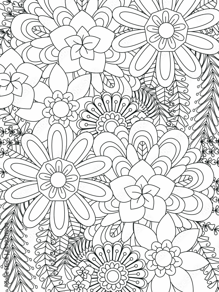 Doodle floral pattern in black and white. Page for coloring book: very interesting and relaxing job for children and adults. Zentangle drawing. Flower carpet in magic garden Doodle floral pattern in black and white. Page for coloring book: very interesting and relaxing job for children and adults. Zentangle drawing. Flower carpet in magic garden