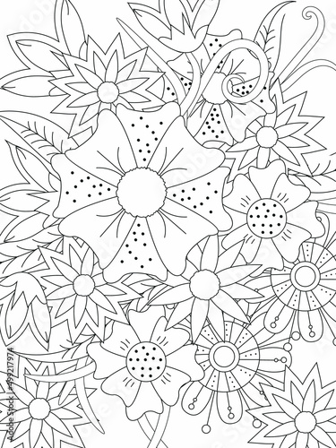 Doodle floral pattern in black and white. Page for coloring book  very interesting and relaxing job for children and adults. Zentangle drawing. Flower carpet in magic garden