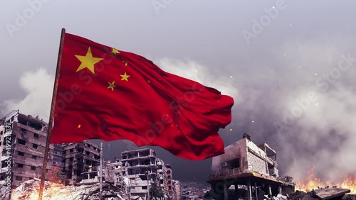 Fabric textured China flag with war concept