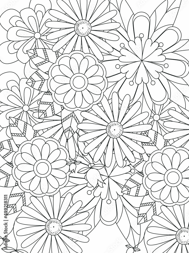 Doodle floral pattern in black and white. A page for coloring book: very interesting and relaxing job for children and adults. Zentangle drawing. Flower carpet in a magic garden