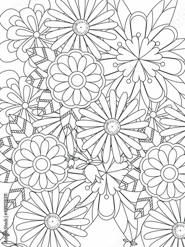 Doodle floral pattern in black and white. A page for coloring book: very interesting and relaxing job for children and adults. Zentangle drawing. Flower carpet in a magic garden