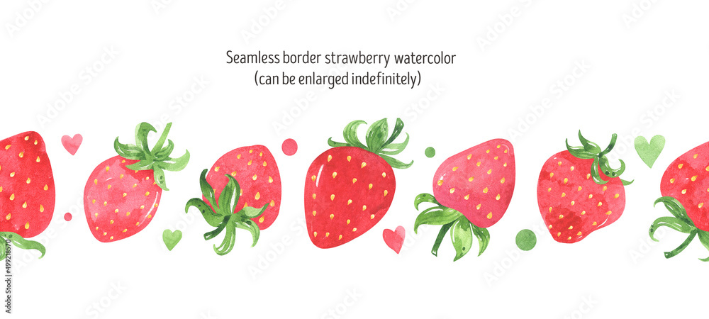 Juicy strawberry watercolor design seamless border. Bright red berries, green leaves. Summer botanical illustration. For packages, cards. Summer sweet and bright fruits and berries. Isolated on white