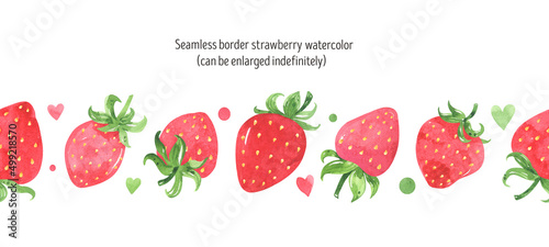 Fototapeta Naklejka Na Ścianę i Meble -  Juicy strawberry watercolor design seamless border. Bright red berries, green leaves. Summer botanical illustration. For packages, cards. Summer sweet and bright fruits and berries. Isolated on white