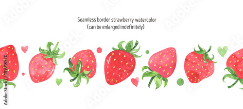 Juicy strawberry watercolor design seamless border. Bright red berries, green leaves. Summer botanical illustration. For packages, cards. Summer sweet and bright fruits and berries. Isolated on white